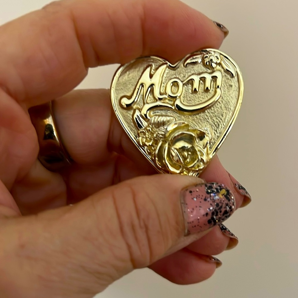 Vintage Gold Tone Mom Heart Brooch with‎ Rose